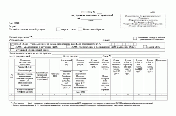 Форма 103 Почта России