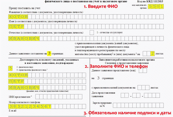 Первая страница заявления на получение ИНН: пример заполнения