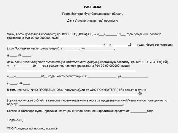 Стандартная форма расписки на получение ипотечного кредита