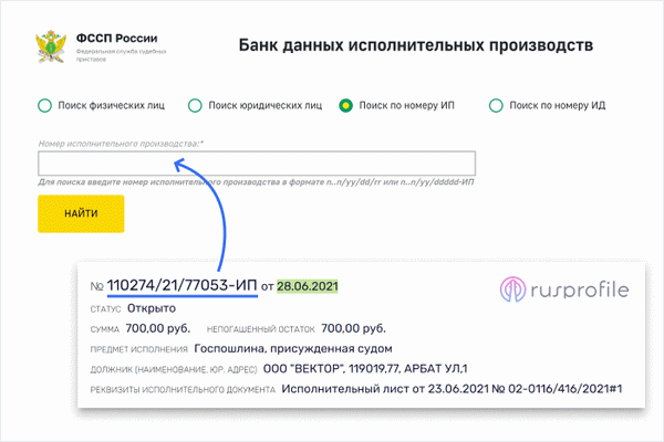 Поиск в базе данных ФССП по количеству исполнительных производств